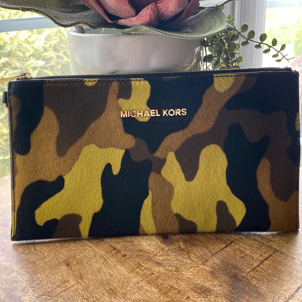 Michael Kors, camo, calf-hair wristlet.
